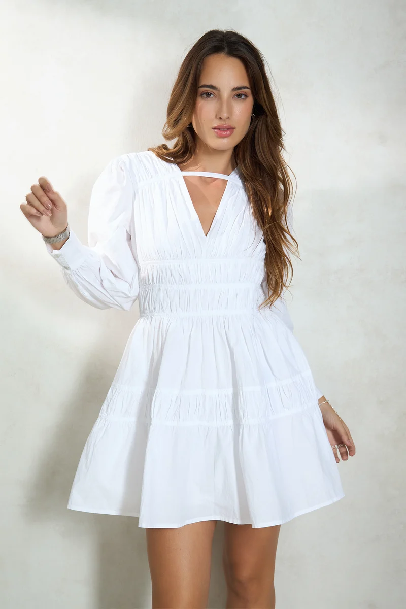 Palden|100% Cotton Mini Dress With Blouson Sleeve