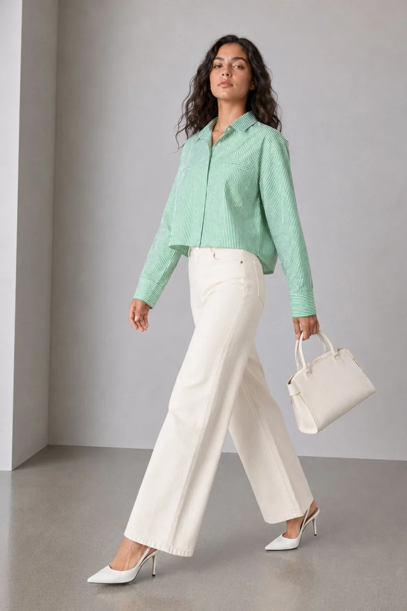 Bridget|100% Cotton Green-White Striped Shirt