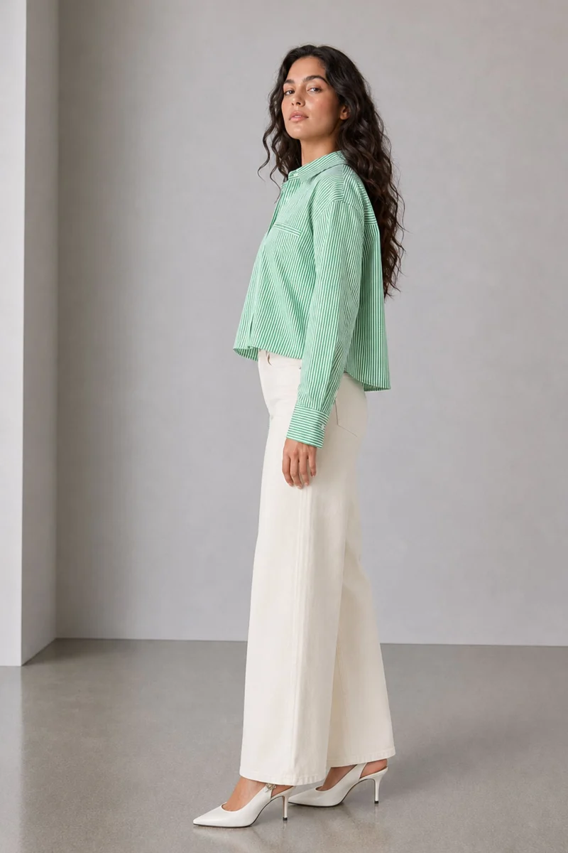 Bridget|100% Cotton Green-White Striped Shirt