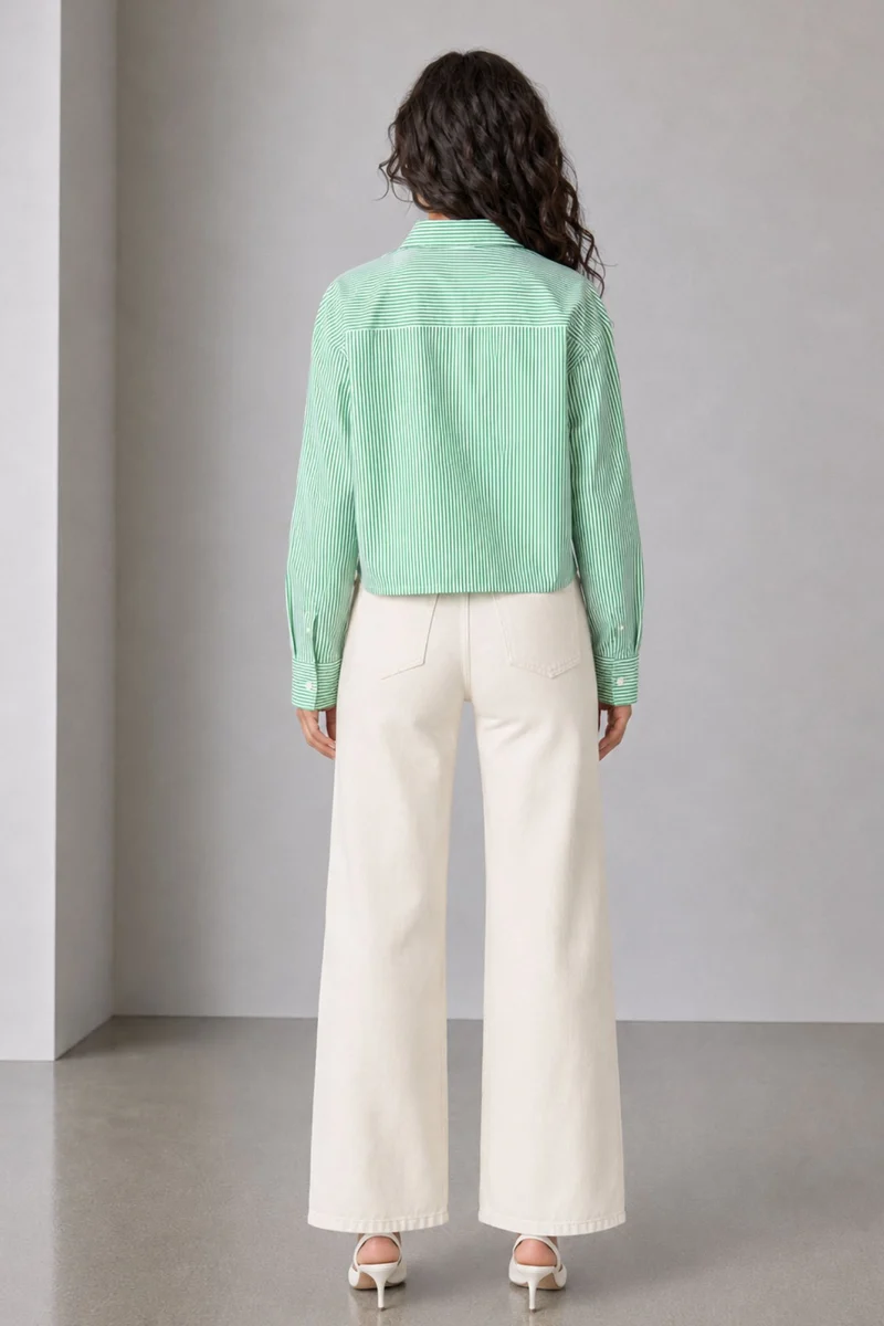 Bridget|100% Cotton Green-White Striped Shirt