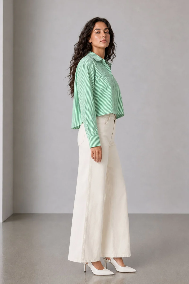 Bridget|100% Cotton Green-White Striped Shirt