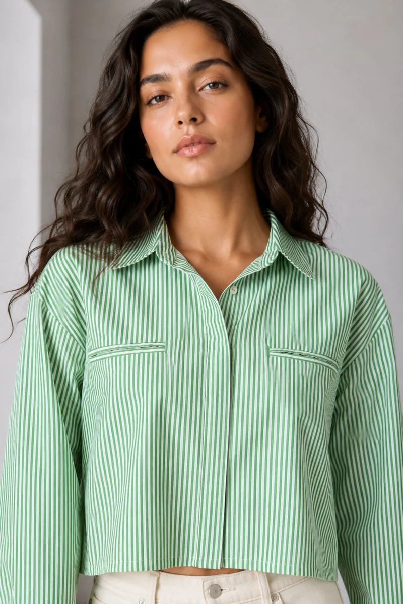 Bridget|100% Cotton Green-White Striped Shirt