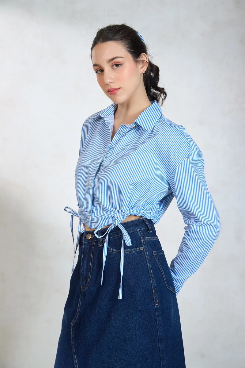 Adenna|100% Cotton Relaxed Tie Hem Striped Shirt