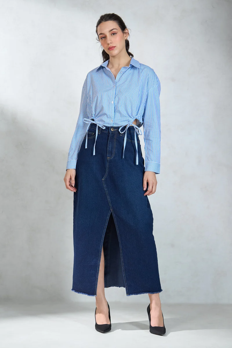 Adenna|100% Cotton Relaxed Tie Hem Striped Shirt