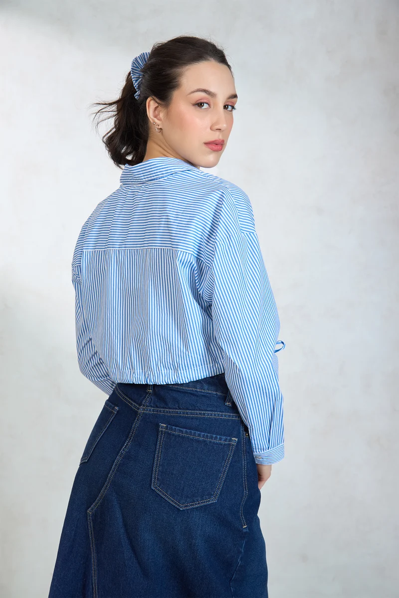 Adenna|100% Cotton Relaxed Tie Hem Striped Shirt