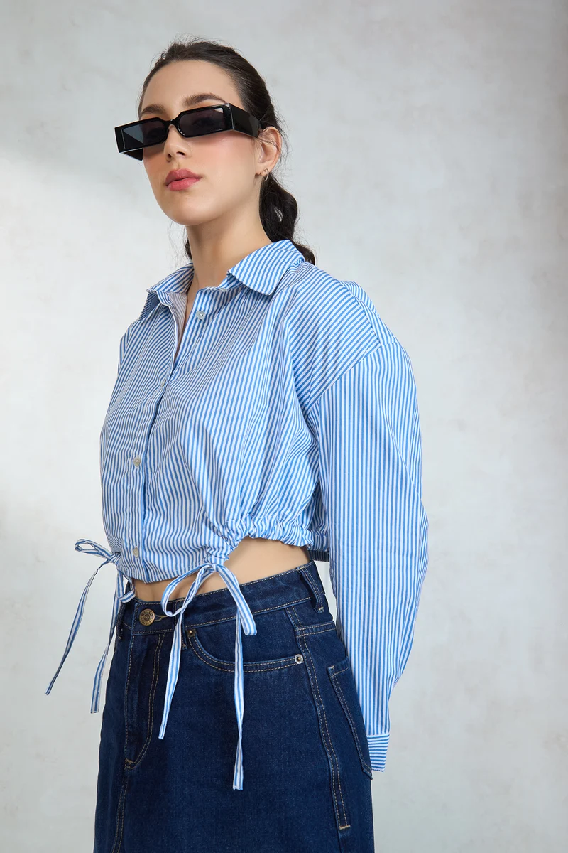 Adenna|100% Cotton Relaxed Tie Hem Striped Shirt