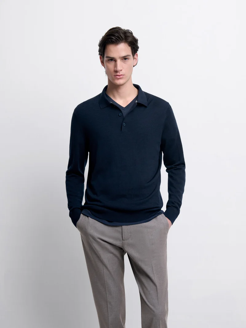 Pull col polo boutonné en laine Mérinos