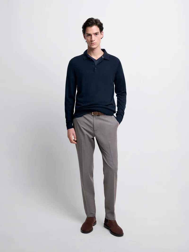 Pull col polo boutonné en laine Mérinos