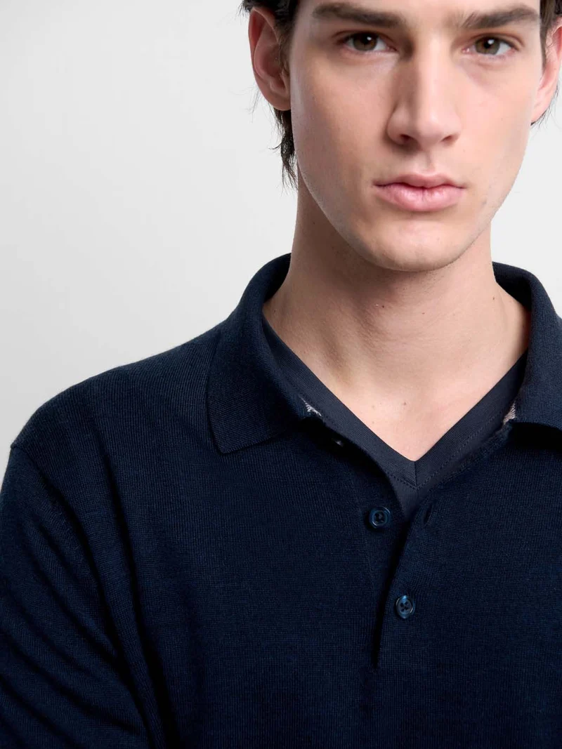 Pull col polo boutonné en laine Mérinos
