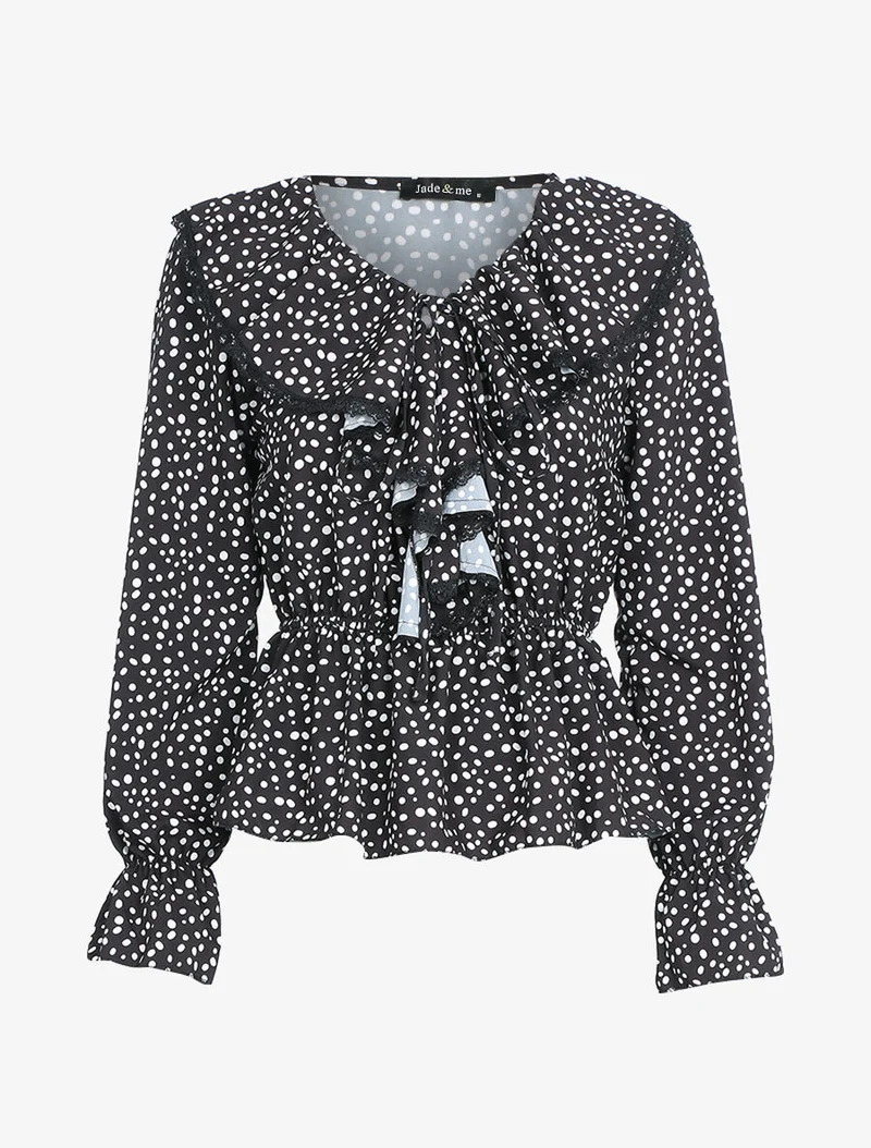 Blouse à jabot imprimé à pois - Noir