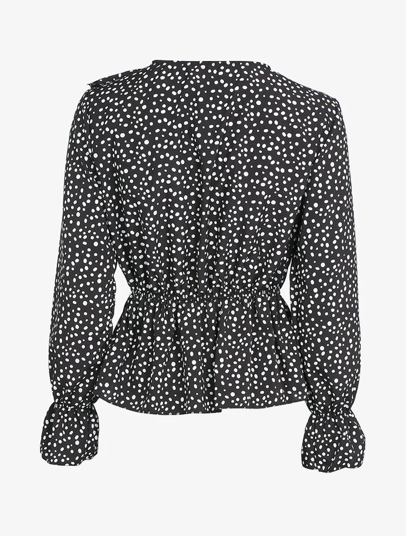 Blouse à jabot imprimé à pois - Noir