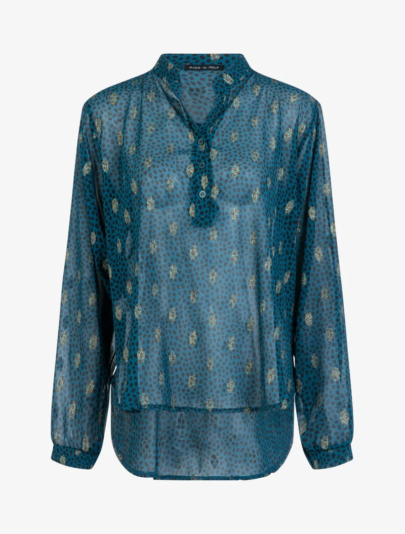 Blouse en voile à imprimé tacheté et feuilles - Bleu pétrole