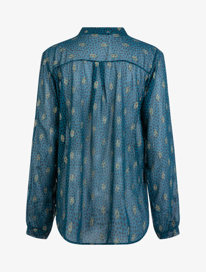 Blouse en voile à imprimé tacheté et feuilles - Bleu pétrole
