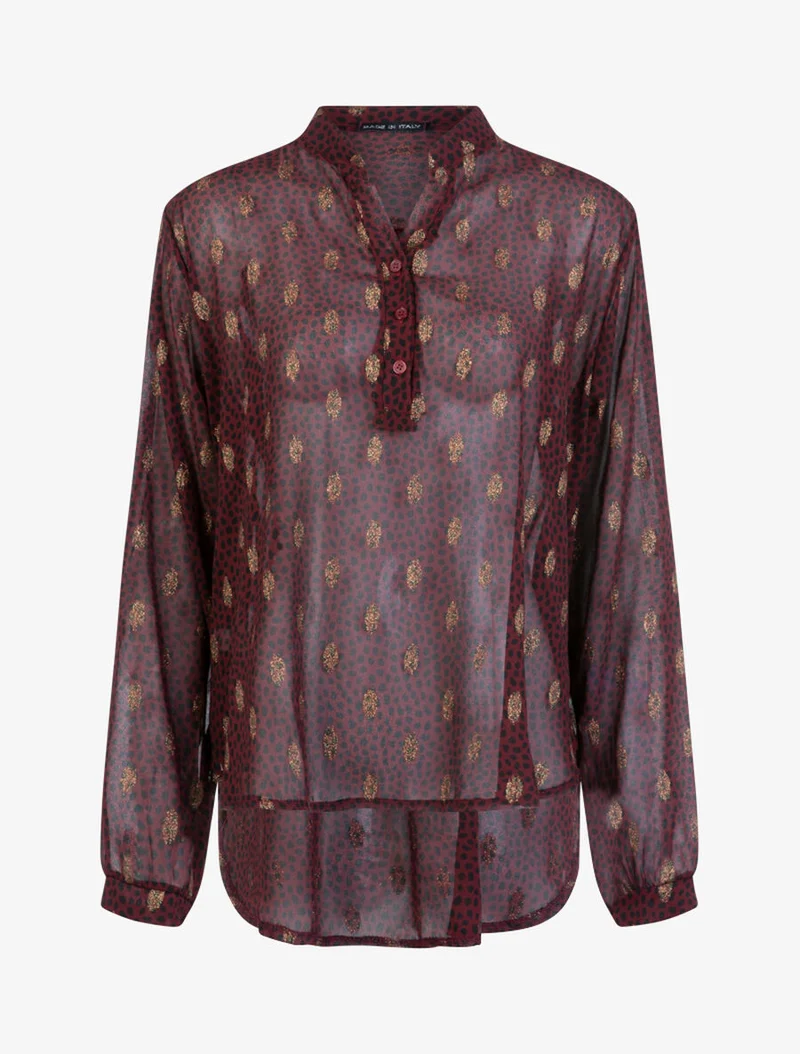 Blouse en voile à imprimé tacheté et feuilles - Bordeaux