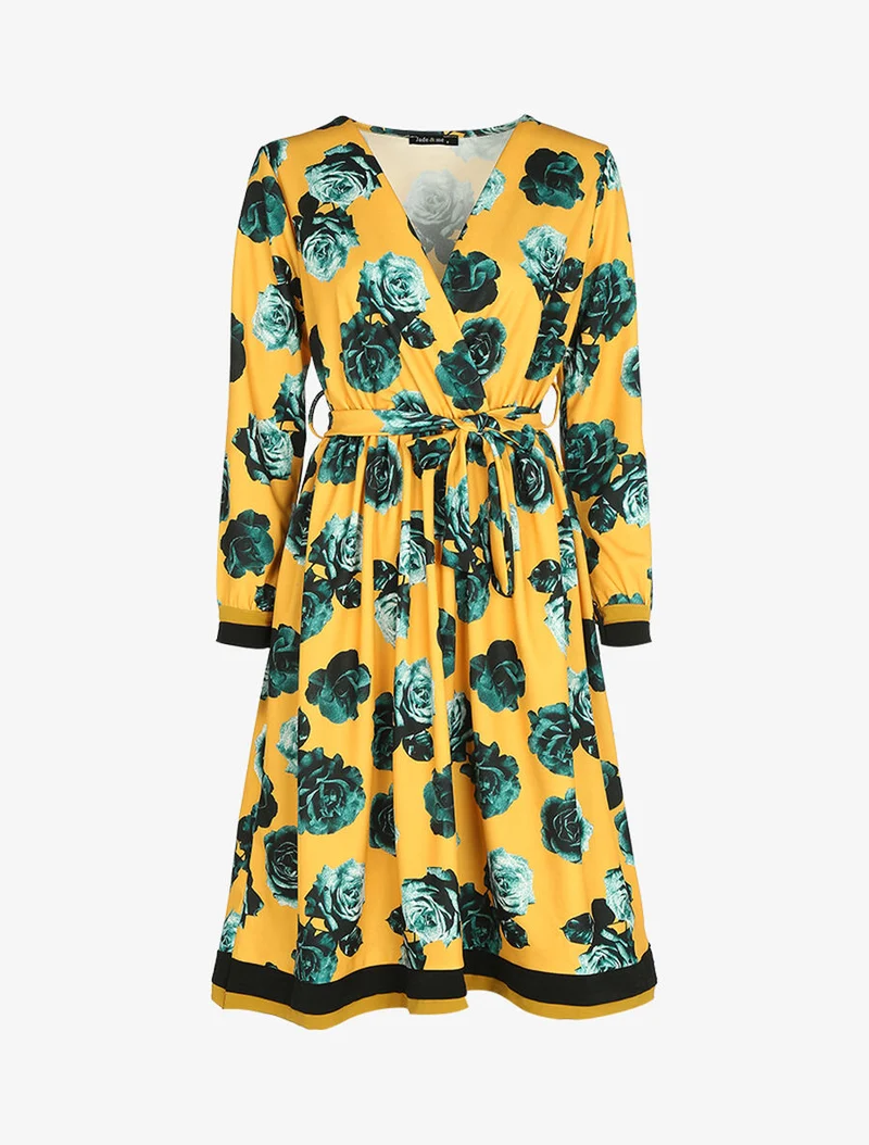 Robe style 50's imprimé à fleurs - Jaune
