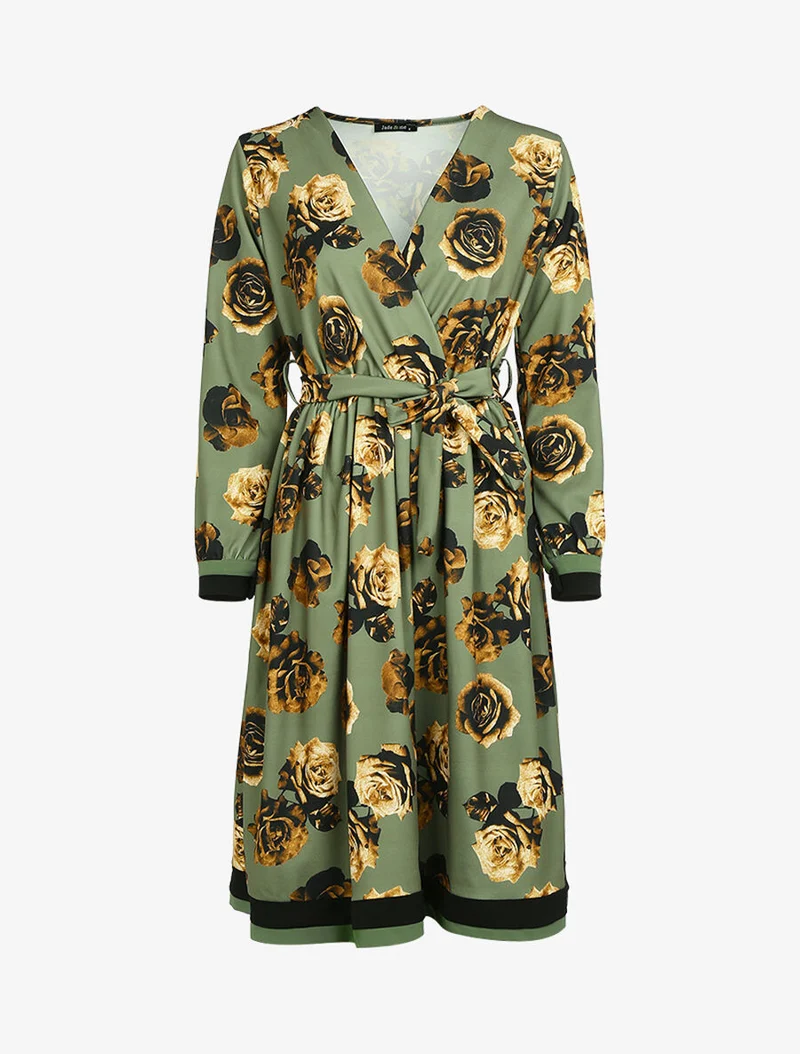 Robe style 50's imprimé à fleurs - Kaki
