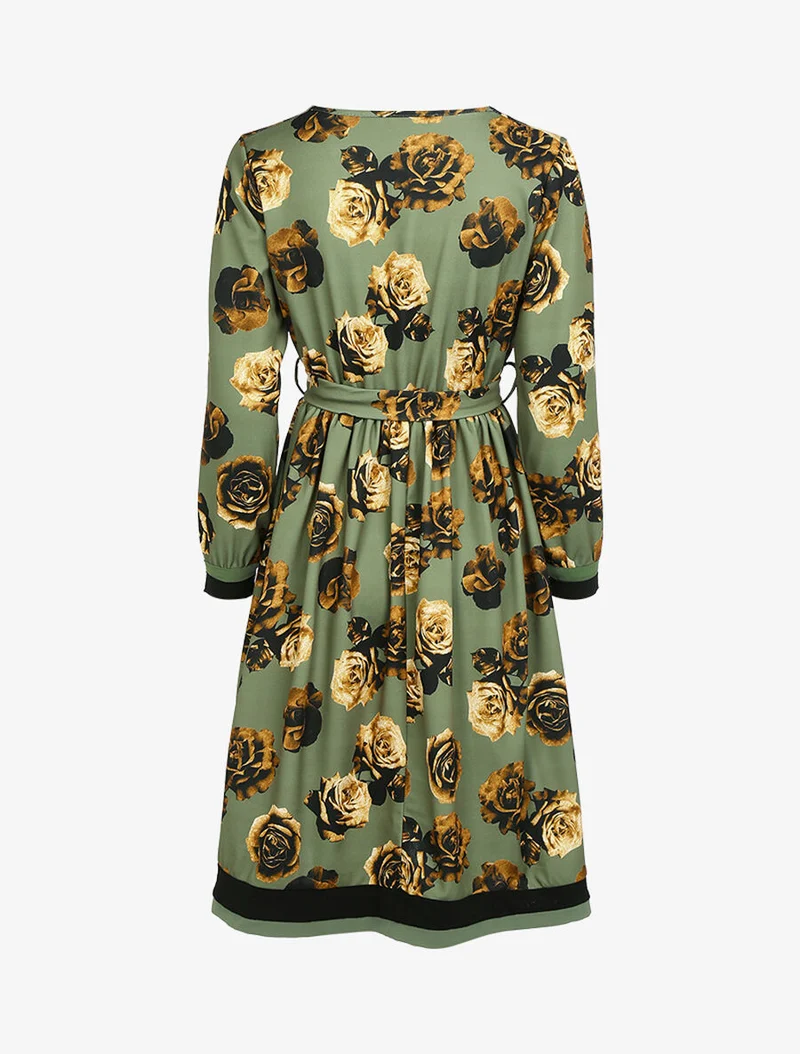 Robe style 50's imprimé à fleurs - Kaki