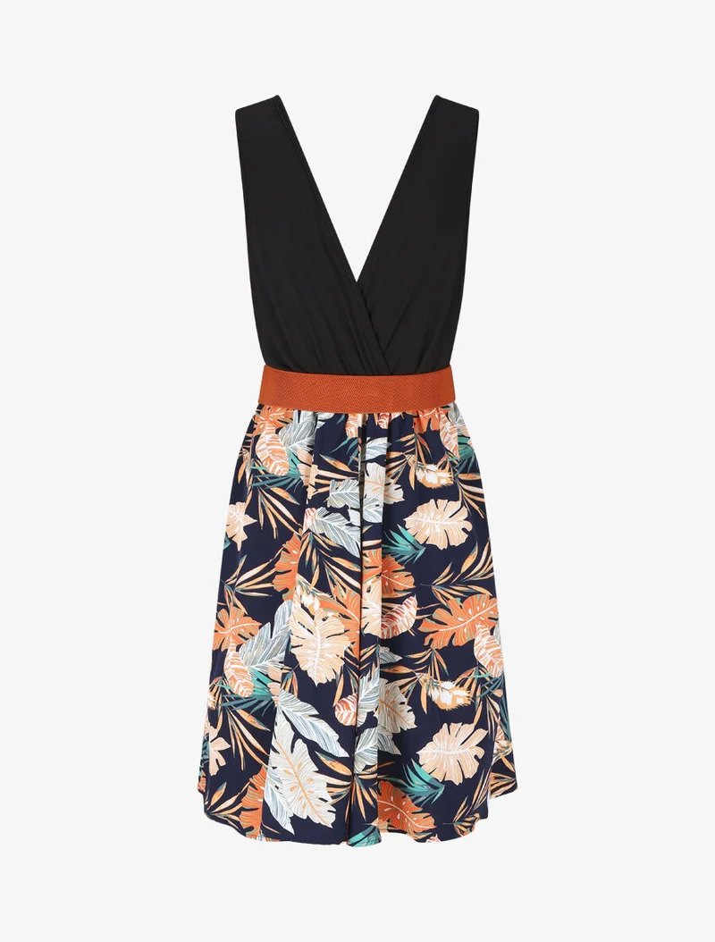 Robe mi-longue évasée imprimé tropique - Marine