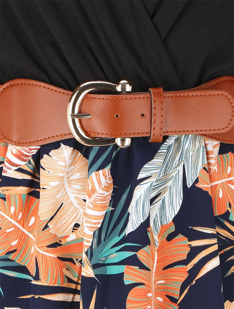 Robe mi-longue évasée imprimé tropique - Marine
