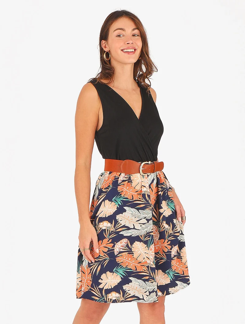 Robe mi-longue évasée imprimé tropique - Marine