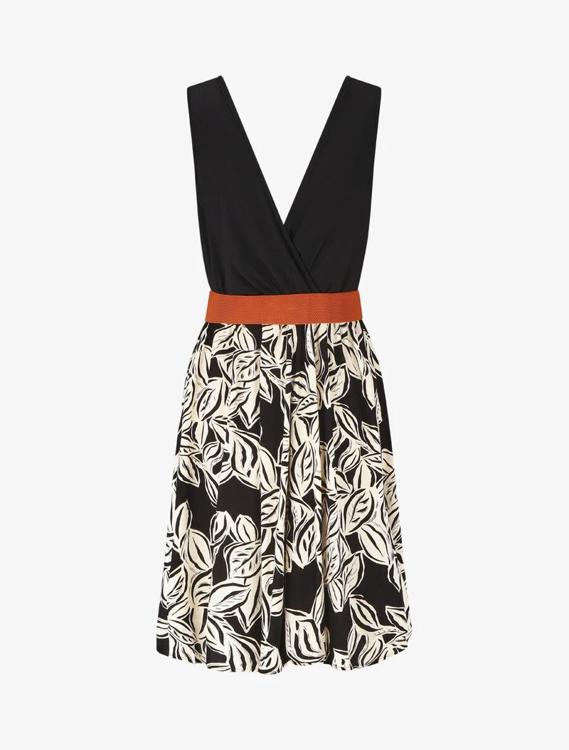 Robe mi-longue sans manches imprimé végétal - Noir