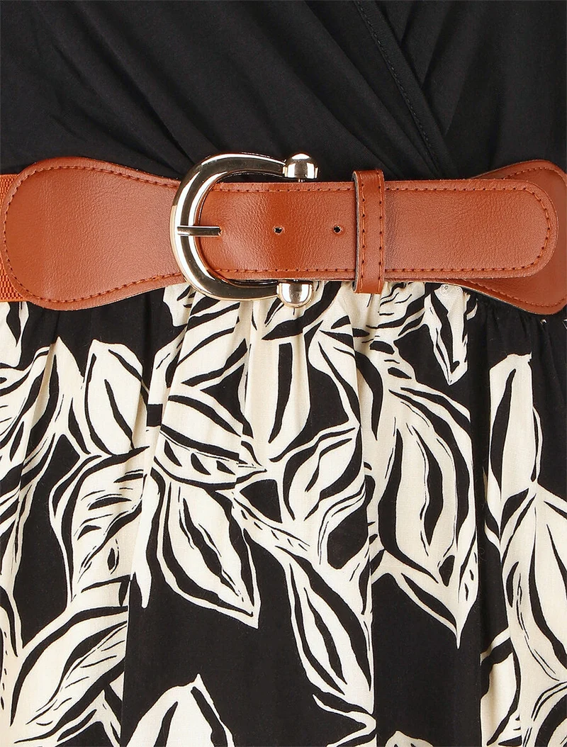 Robe mi-longue sans manches imprimé végétal - Noir