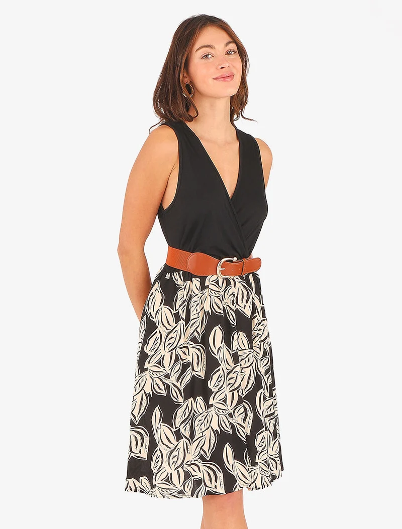 Robe mi-longue sans manches imprimé végétal - Noir