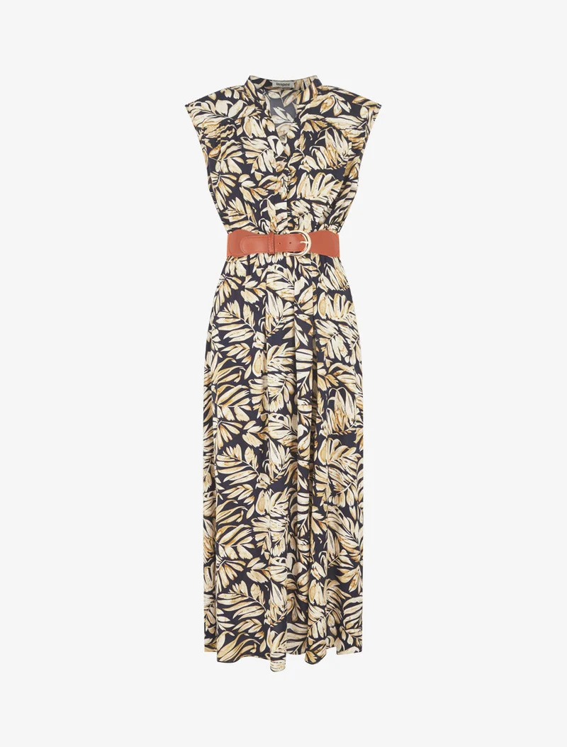 Robe évasée à boutons imprimé végétal - Marine