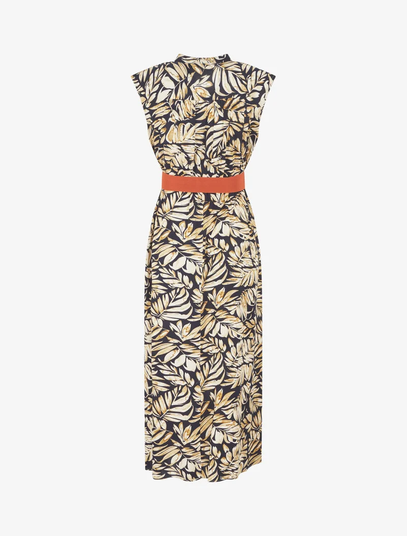 Robe évasée à boutons imprimé végétal - Marine