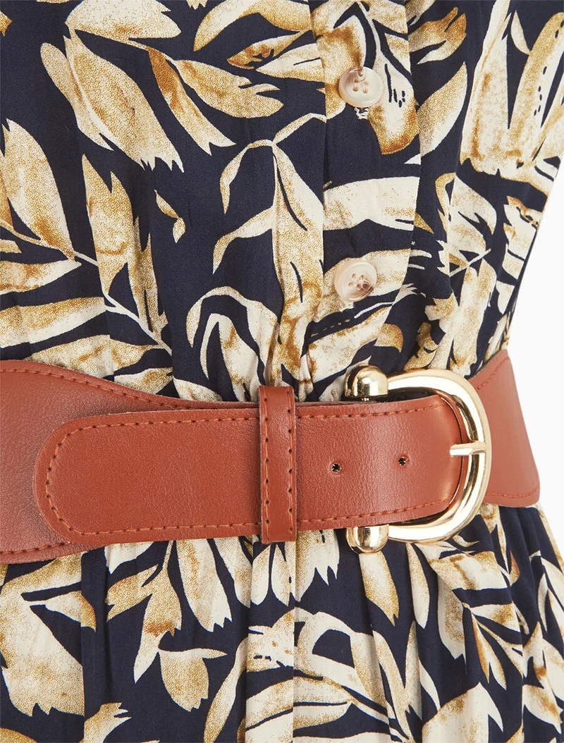 Robe évasée à boutons imprimé végétal - Marine