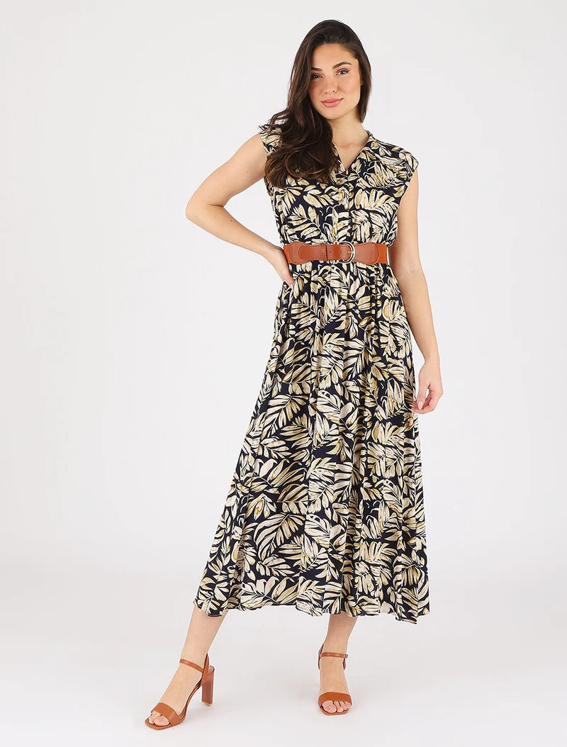 Robe évasée à boutons imprimé végétal - Marine