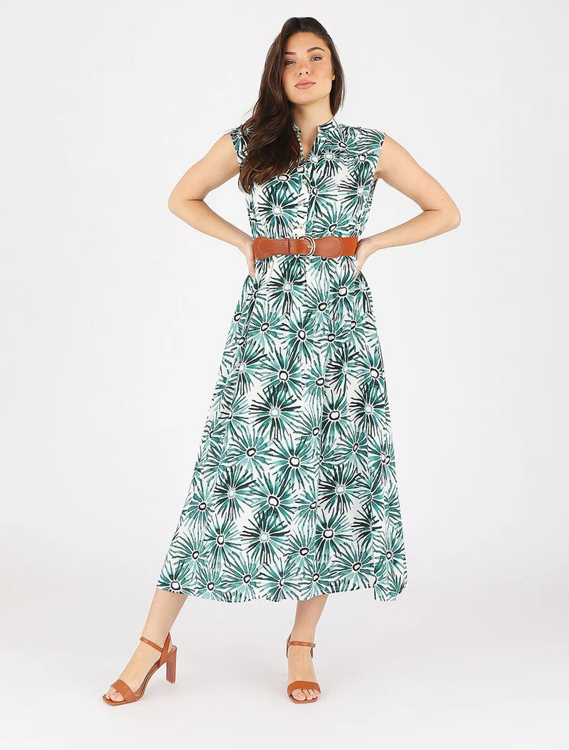 Robe évasée à boutons imprimé fleuri - Vert