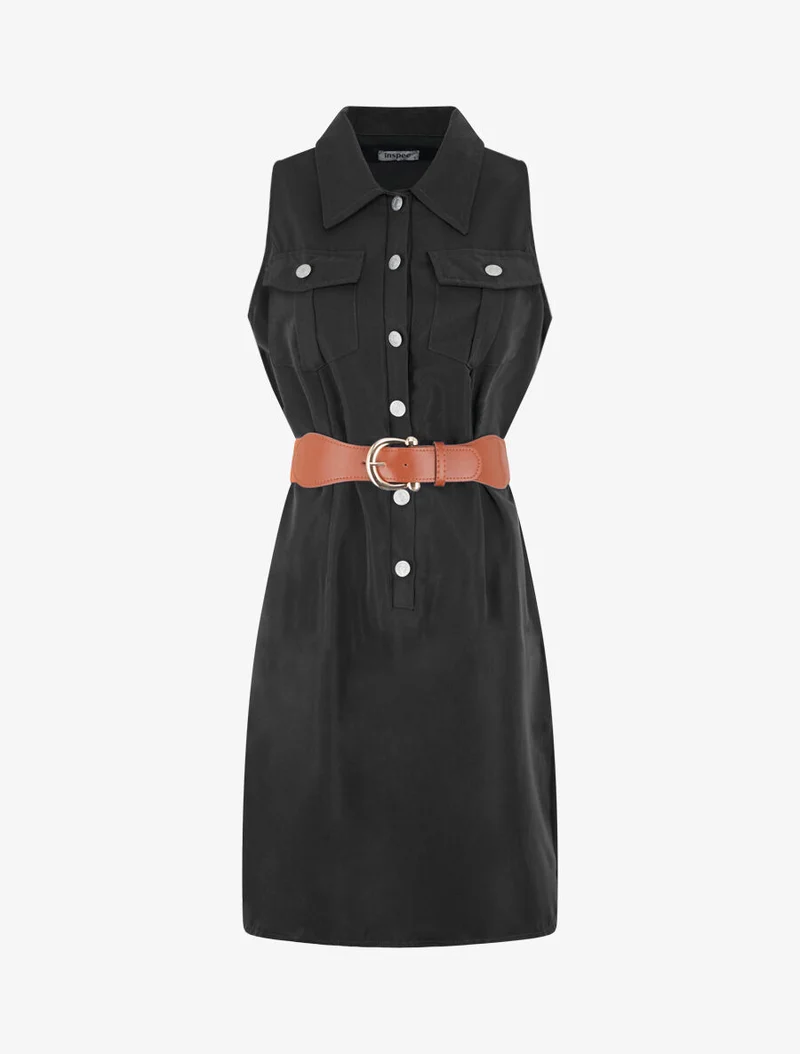 Robe unie style chemise sans manches - Noir