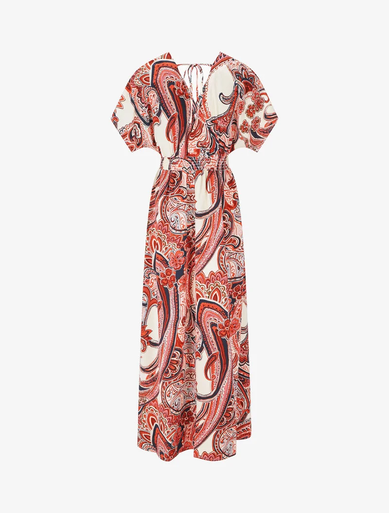 Robe longue manches courtes imprimé cachemire - Rouge