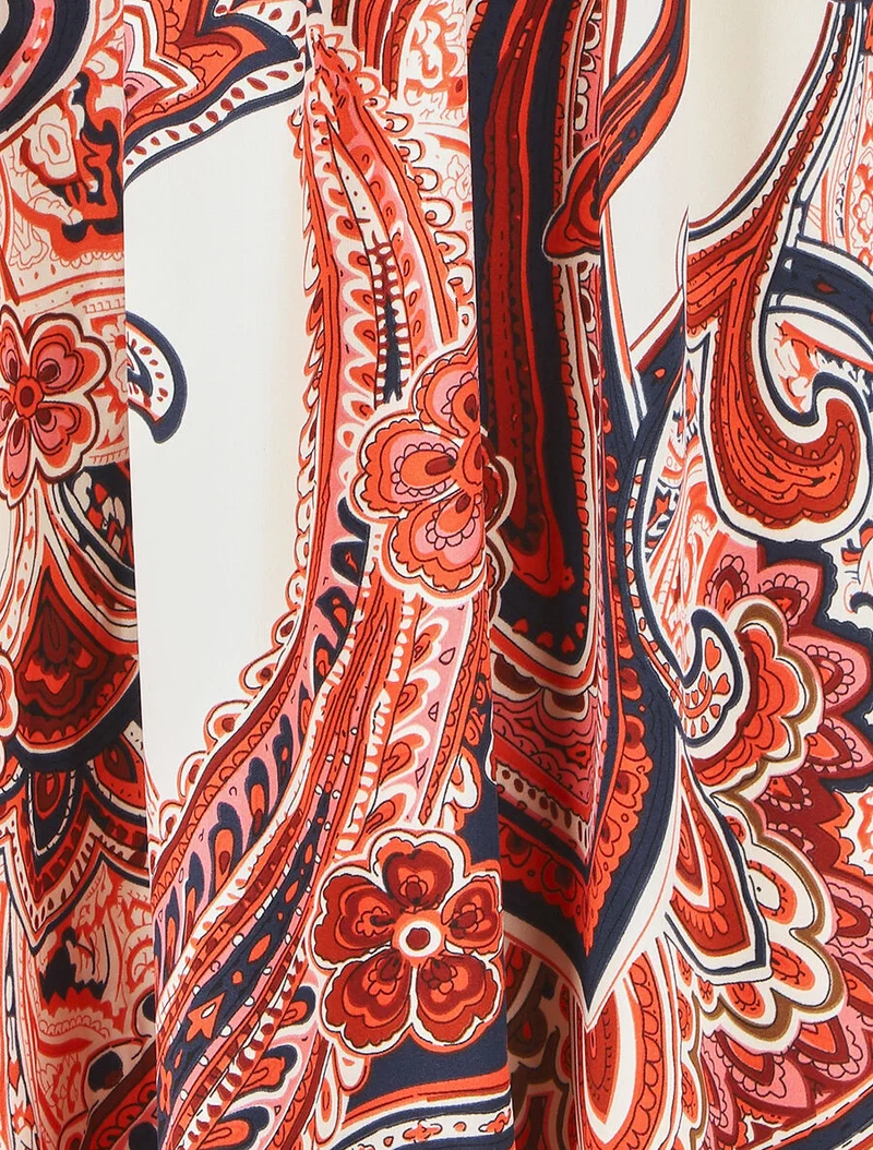 Robe longue manches courtes imprimé cachemire - Rouge