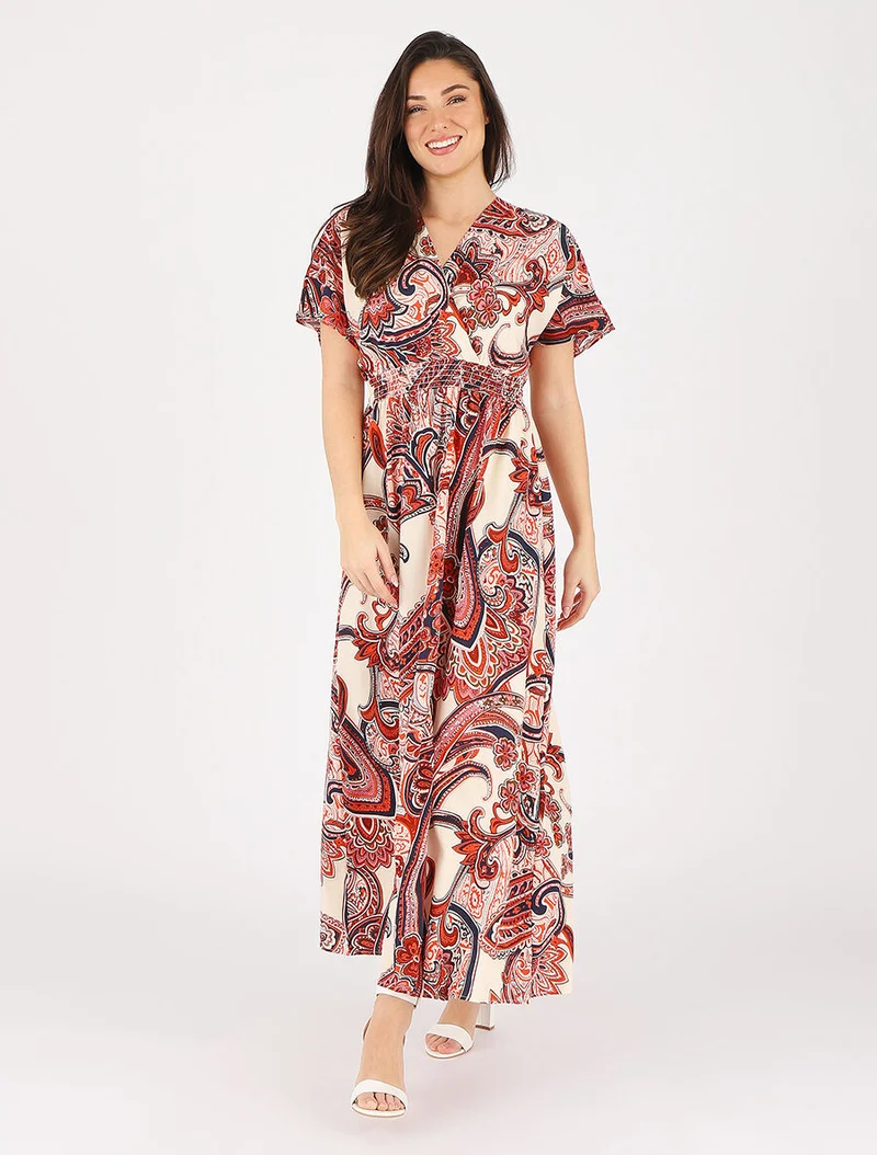 Robe longue manches courtes imprimé cachemire - Rouge