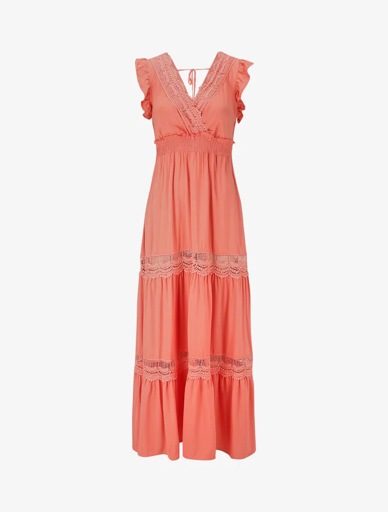 Robe longue unie ajourée - Corail
