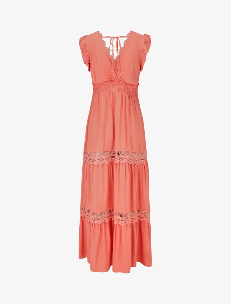 Robe longue unie ajourée - Corail