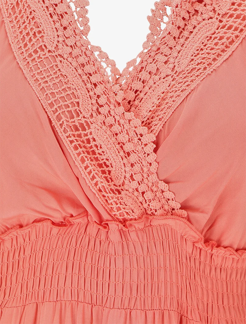 Robe longue unie ajourée - Corail