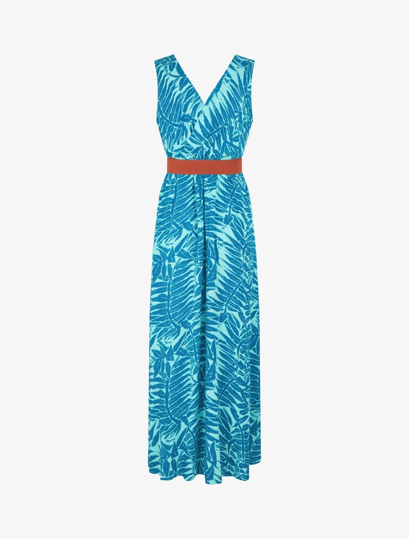Robe longue évasée imprimé tropical - Turquoise