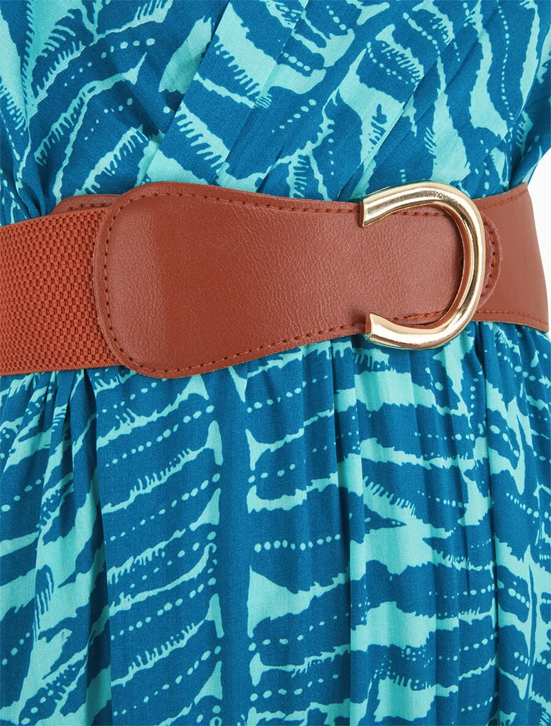Robe longue évasée imprimé tropical - Turquoise