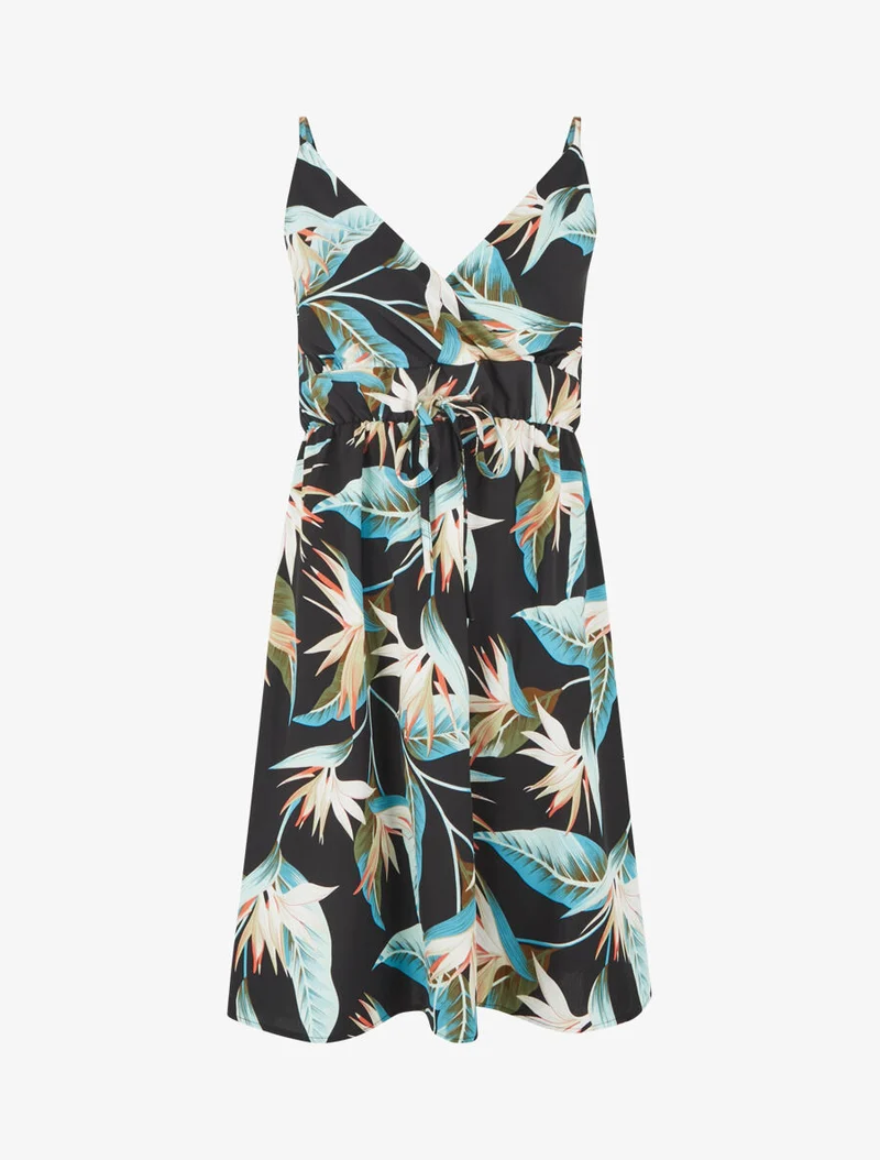 Robe mi-longue imprimé feuilles - Noir