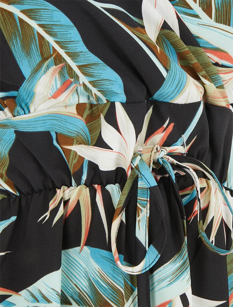 Robe mi-longue imprimé feuilles - Noir