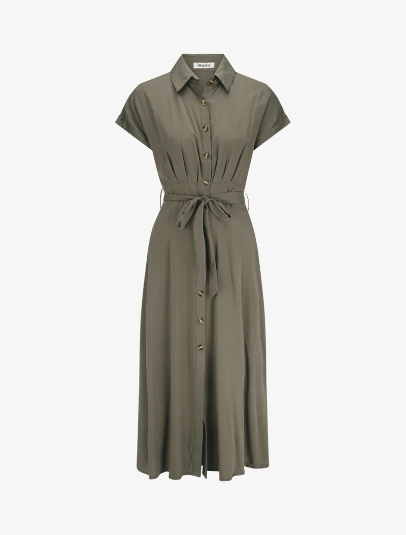 Robe chemise longue évasée et unie - Kaki