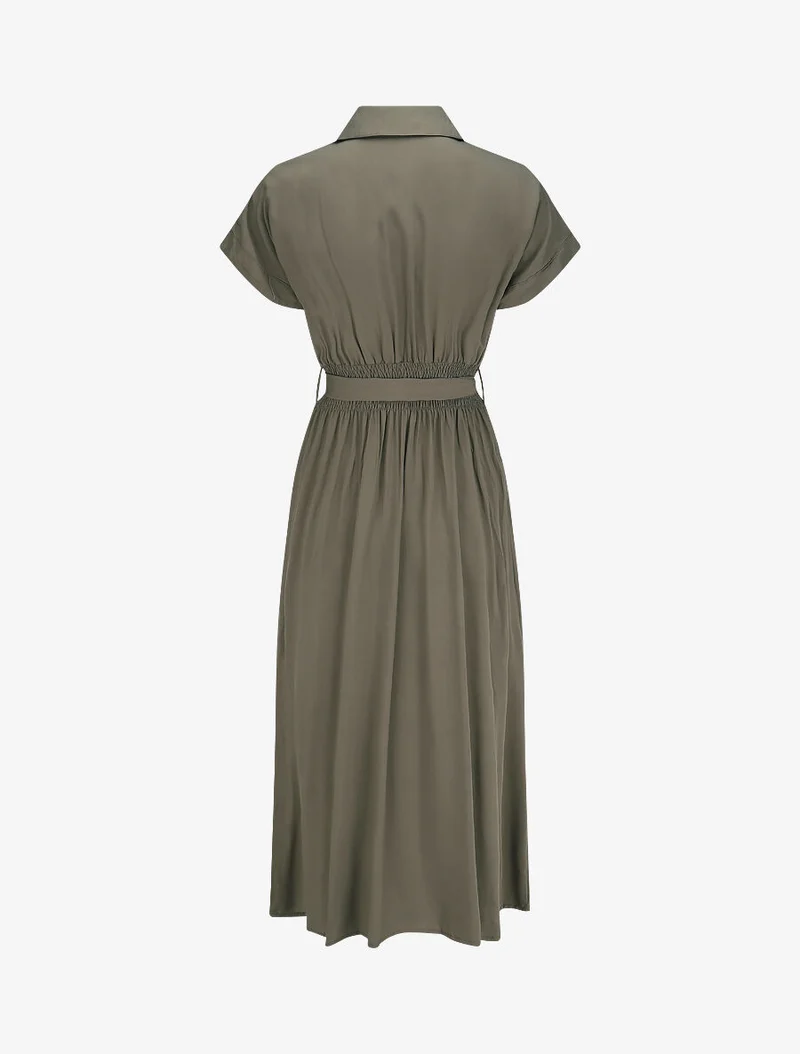 Robe chemise longue évasée et unie - Kaki