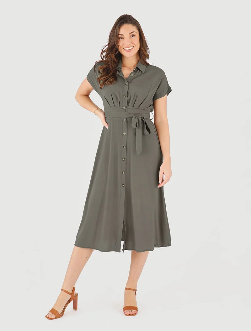 Robe chemise longue évasée et unie - Kaki