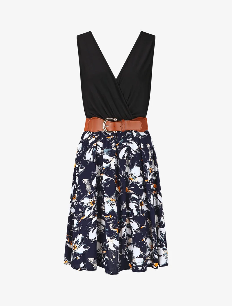 Robe mi-longue sans manches imprimé floral - Marine