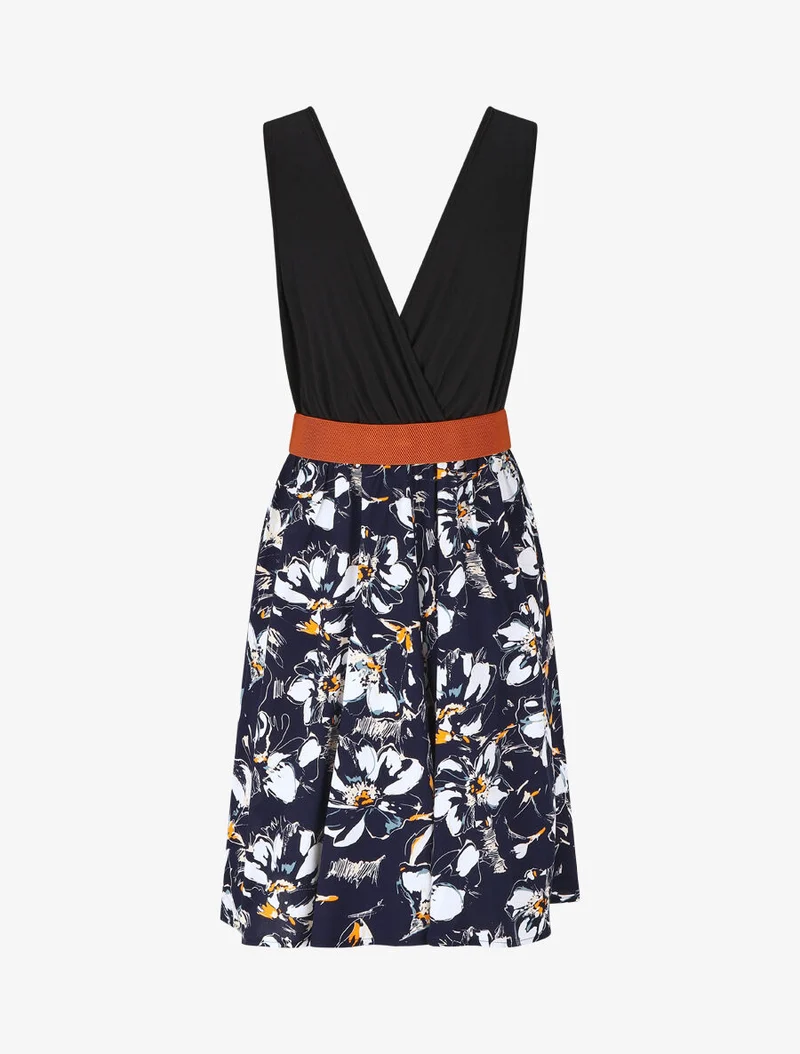 Robe mi-longue sans manches imprimé floral - Marine