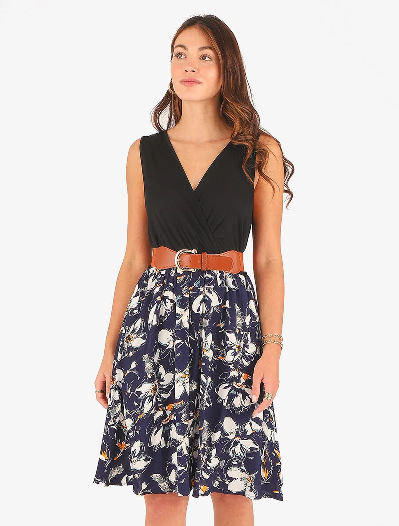 Robe mi-longue sans manches imprimé floral - Marine