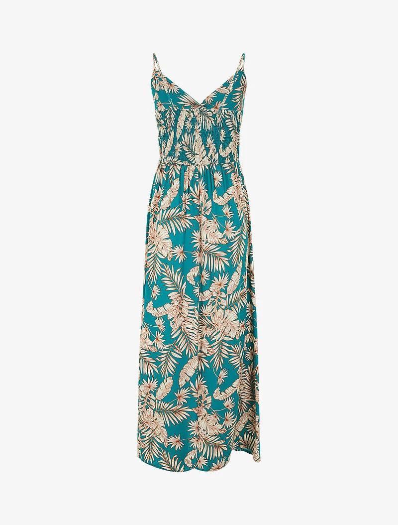 Robe longue imprimé feuillage - Bleu canard